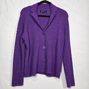 VINTAGE Purple Notched Button Front Short Diamond Knit Cardigan Sweater Women L.